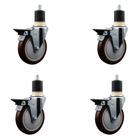 Service Caster 5'' Maroon Poly Swivel 1-7/8'' Expanding Stem Caster Set with Brake, 4PK SCC-EX20S514-PPUB-MRN-PLB-178-4